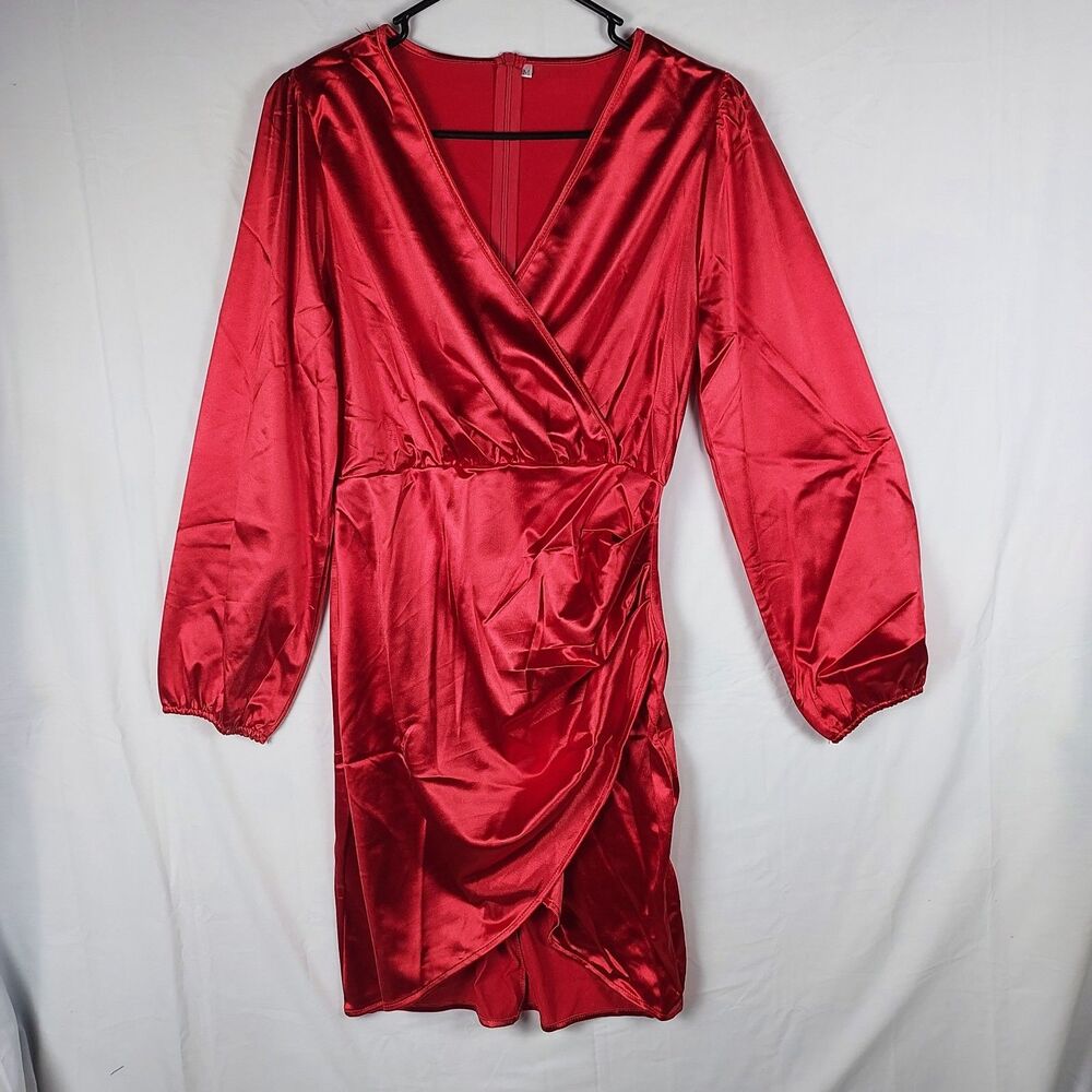 Yajedo Satin V-Neck Dress Size Medium Red Party/Cocktail Long Sleeve New